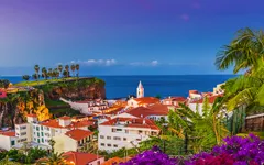 Küstenstädtchen mit roten Dächern und Palmen vor blauem Meer und Himmel.