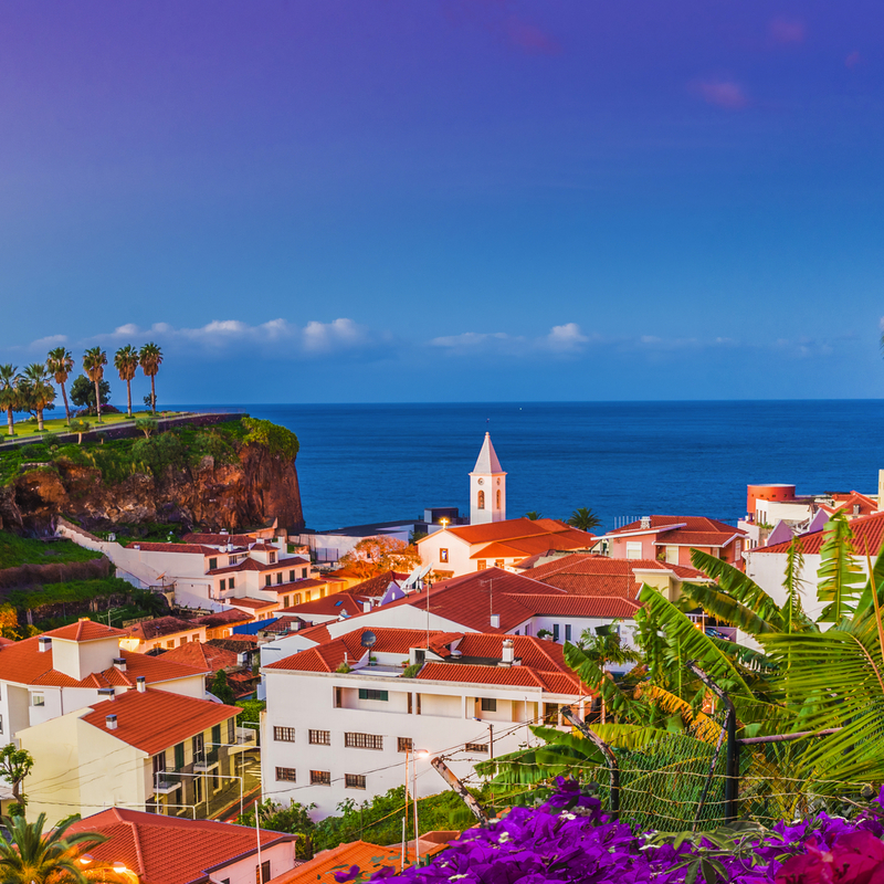 Küstenstädtchen mit roten Dächern und Palmen vor blauem Meer und Himmel.