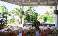 Gedeckte Tische auf einer Terrasse mit Meerblick und Palmen im Hintergrund