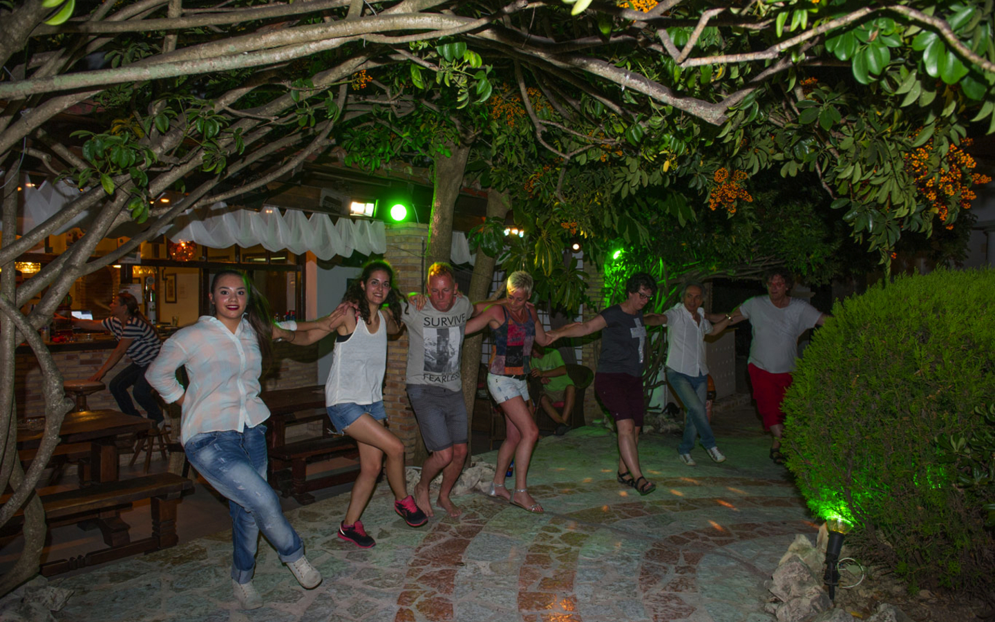 Gruppe von Menschen tanzt abends im Freien unter beleuchteten Bäumen.