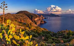 Küstenlandschaft mit Bergen und Kakteen im Vordergrund bei Sonnenuntergang.