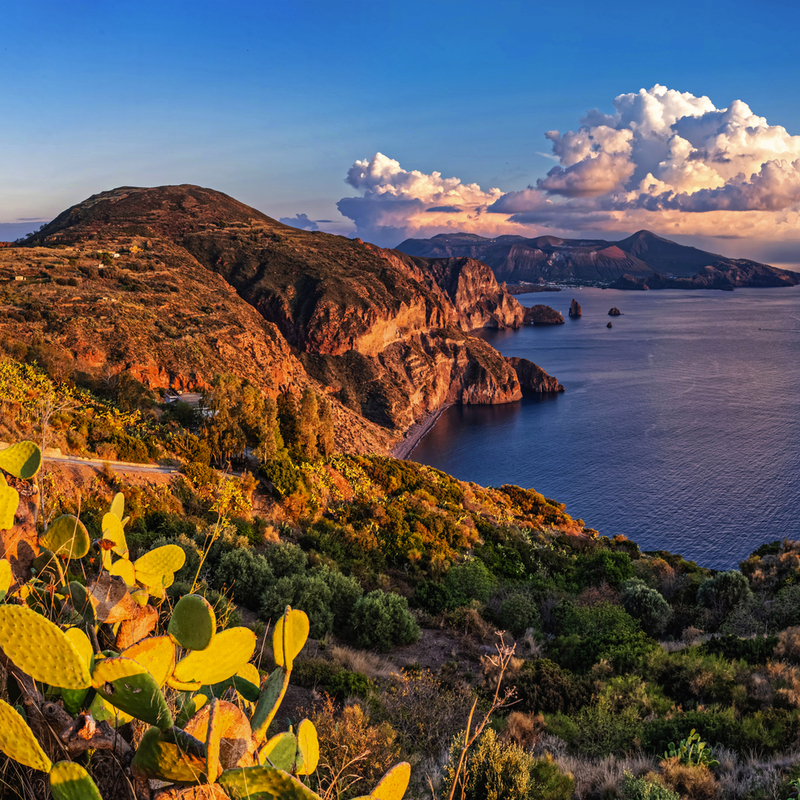 Küstenlandschaft mit Bergen und Kakteen im Vordergrund bei Sonnenuntergang.