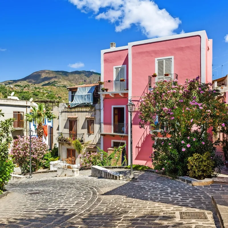 Bunte Häuser an einer Kopfsteinpflasterstraße mit blühenden Bäumen und blauen Himmel.