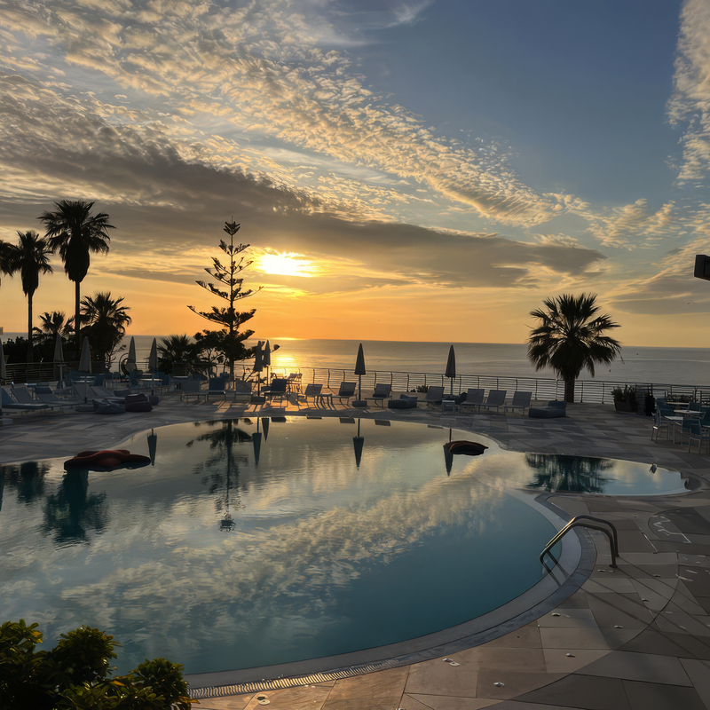 Hotelpool bei Sonnenuntergang mit Palmen und Meerblick in Kalabrien, Italien.