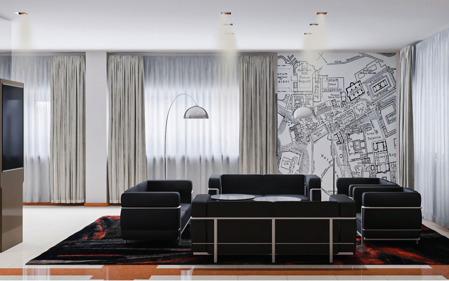 Lounge eines Hotels in Rom mit schwarzen Sofas und Stadtplan an der Wand.