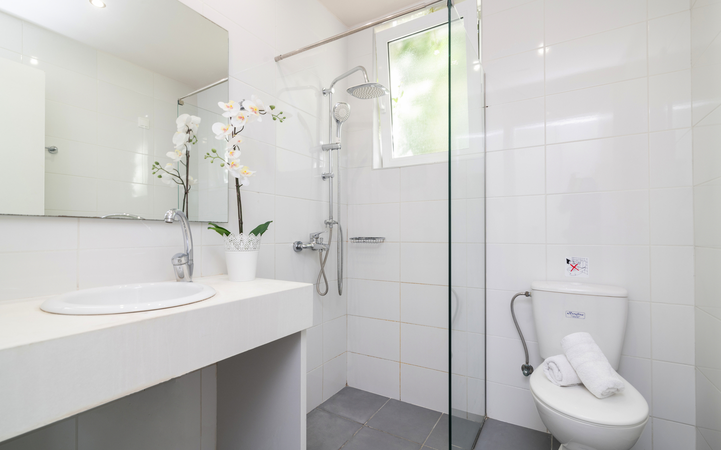 Helles Badezimmer mit Dusche, WC und Waschbecken, dekoriert mit Orchideen.