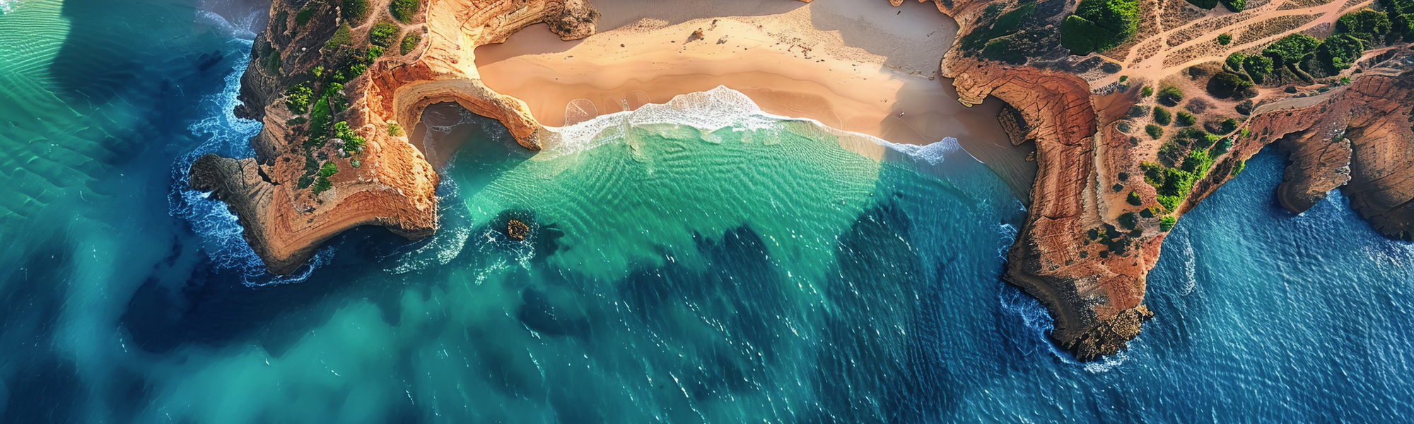 Küstenlandschaft der Algarve in Portugal aus der Vogelperspektive.