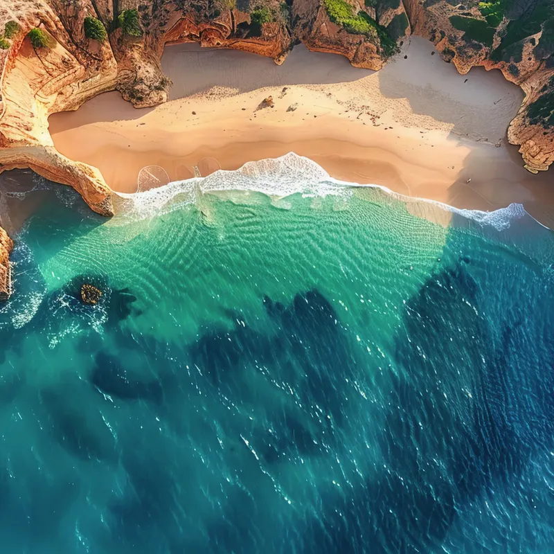 Küstenlandschaft der Algarve in Portugal aus der Vogelperspektive.