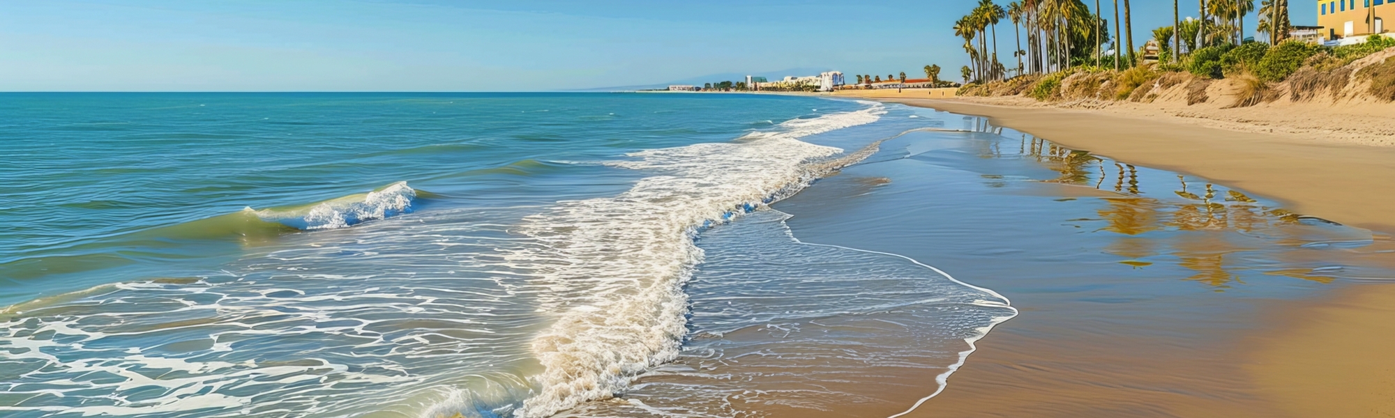 Strand mit Palmen an der Costa de la Luz in Islantilla, Spanien