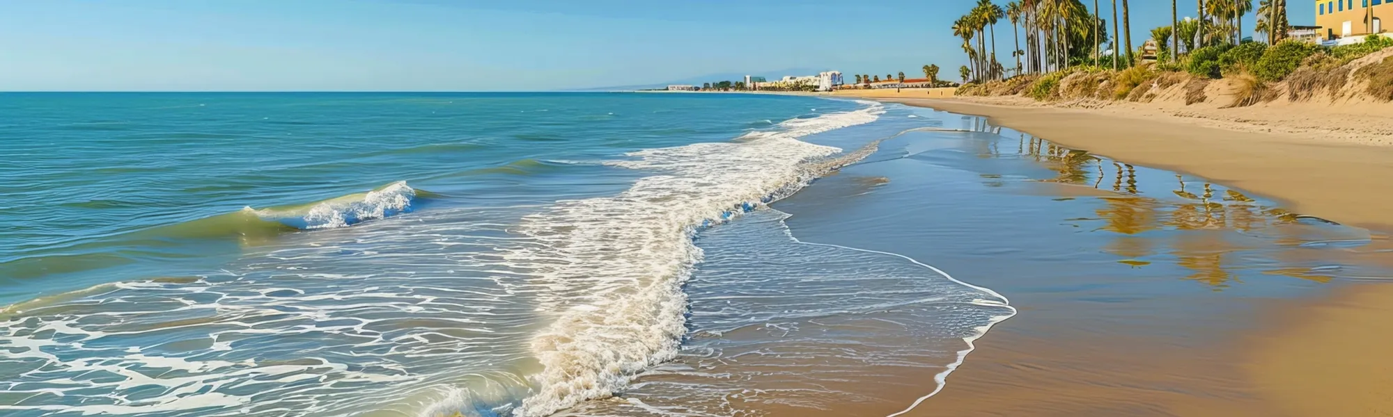 Strand mit Palmen an der Costa de la Luz in Islantilla, Spanien