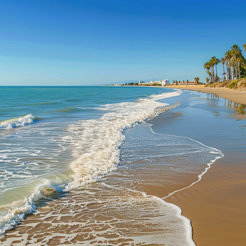 Strand mit Palmen an der Costa de la Luz in Islantilla, Spanien