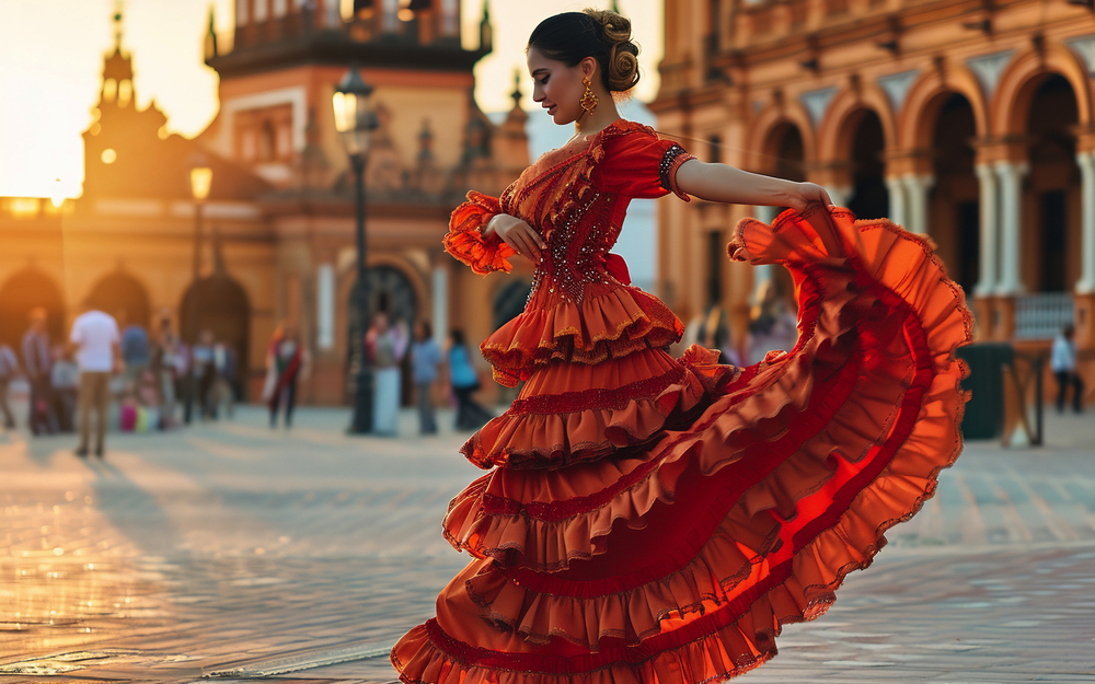 Frau im Flamenco-Kleid tanzt auf einem Platz bei Sonnenuntergang.