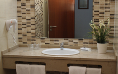 Waschbecken im Hotelbad mit Spiegel, Föhn und Pflanze