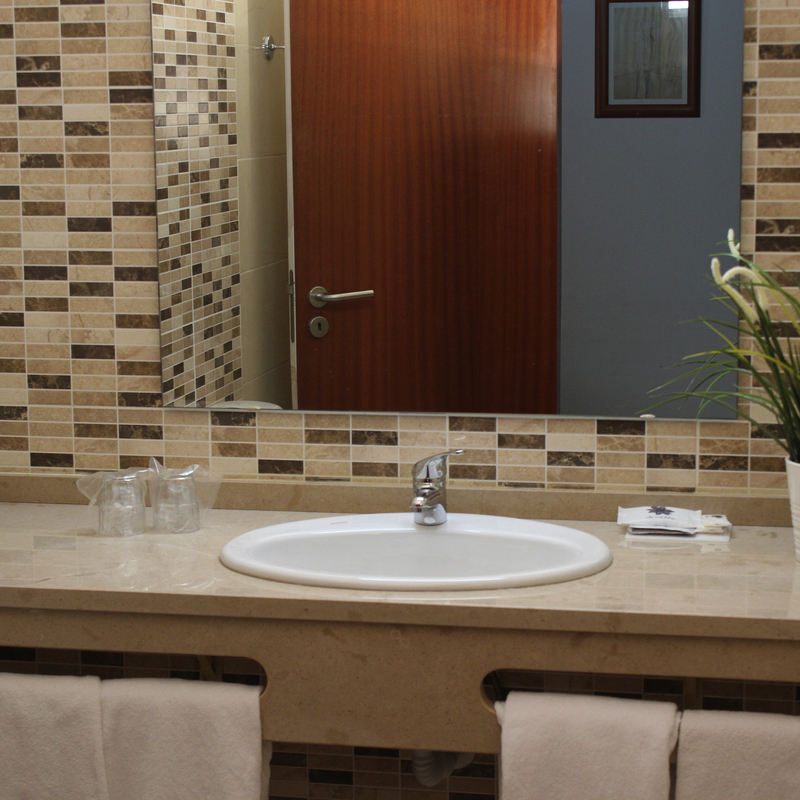 Waschbecken im Hotelbad mit Spiegel, Föhn und Pflanze