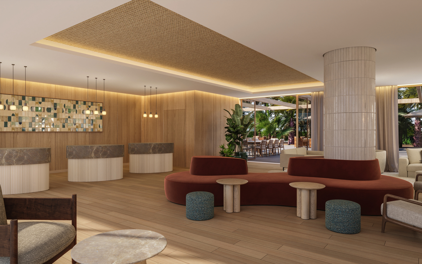 Moderne Hotellobby mit Sitzgelegenheiten und hellem, holzverkleidetem Interieur.