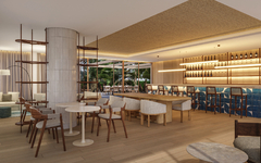 Moderne Hotelbar mit Holzmöbeln und blauer Kachelwand im Marriott Salgados Resort, Algarve.