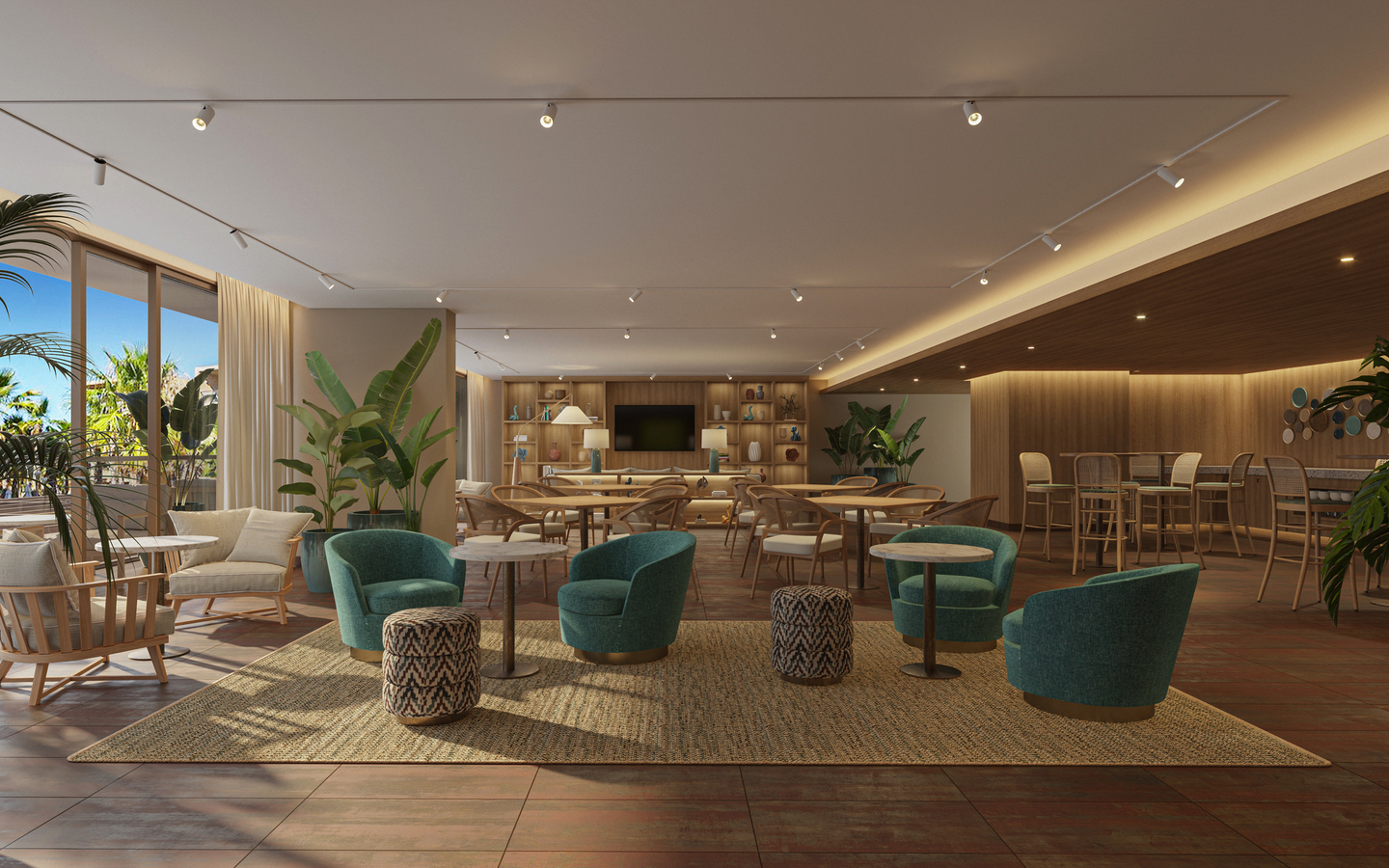 Hotel-Lounge mit Sesseln, Tischen, Pflanzen und großen Fenstern in gemütlicher Atmosphäre.