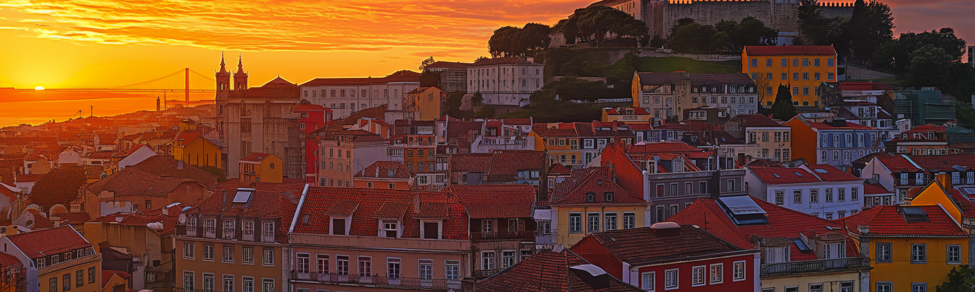 Lissabon bei Sonnenuntergang mit Altstadt und Burg im Hintergrund