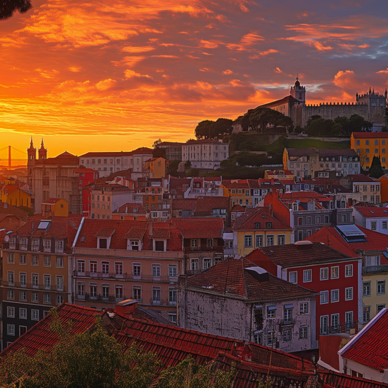 Lissabon bei Sonnenuntergang mit Altstadt und Burg im Hintergrund
