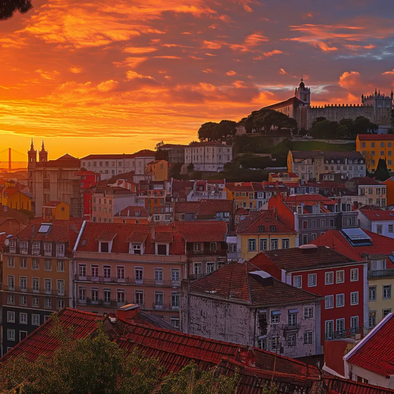 Lissabon bei Sonnenuntergang mit Altstadt und Burg im Hintergrund