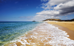 Strand mit goldenem Sand und türkisblauem Meer unter blauem Himmel in Zypern.