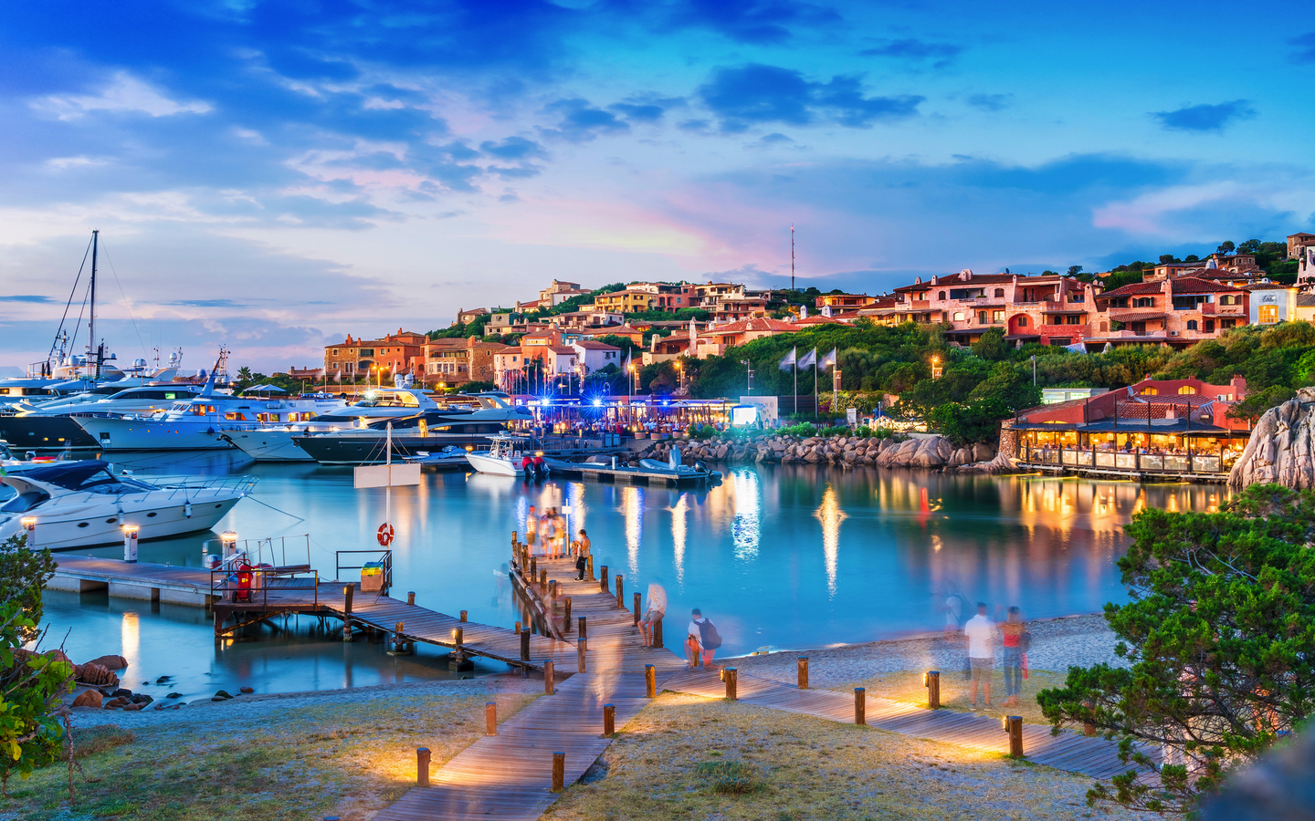 View of harbor and village Porto Cervo, Sardinia island, Italy