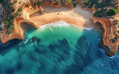 Küstenlandschaft der Algarve in Portugal aus der Vogelperspektive.