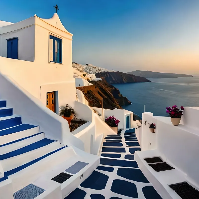 Weiße Häuser mit blauen Dächern in Oia, Santorini bei Sonnenuntergang.