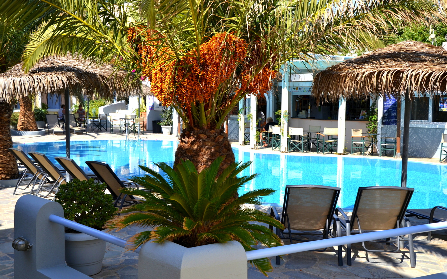 Poolbereich mit Liegestühlen und Sonnenschirmen im Hotel Zephyros auf Santorin.