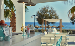 Bar am Pool mit Getränken, Meerblick und Palmen im Hintergrund.