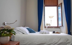 Doppelzimmer mit Bett, Fenster, blauer Vorhang und Pflanzen auf dem Tisch.