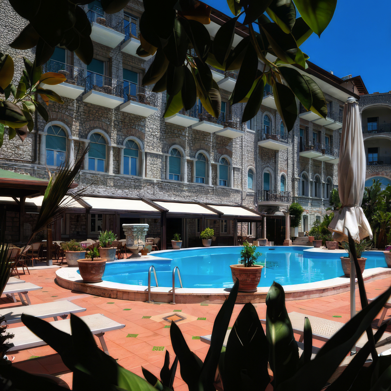 Hotelpool mit umliegenden Sonnenliegen und Gebäude im Hintergrund