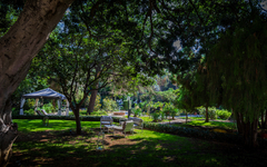 Garten mit Bäumen, Sitzgelegenheiten und Pavillon im Hotel Parco delle Fontane, Syrakus.