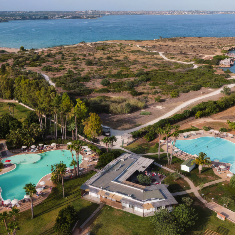 Luftaufnahme eines Resorts in Sizilien mit Pools und Blick auf das Meer.