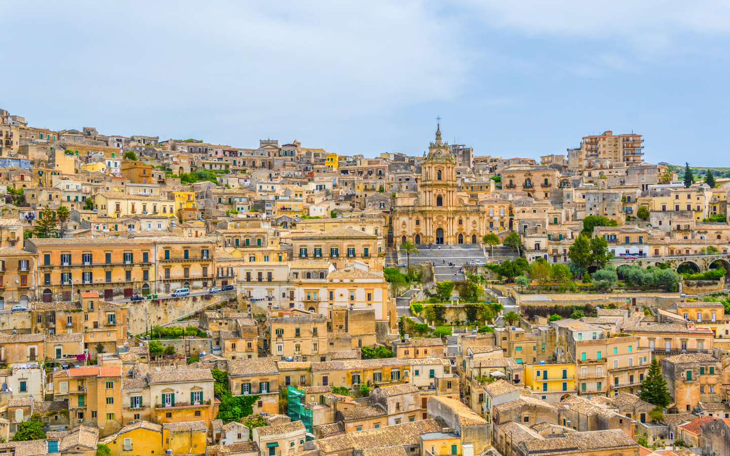 Aerial view of modica overlooking cathedral of saint george, Sicily, Italy