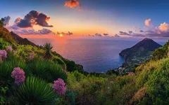 Sonnenuntergang über Stromboli, Liparische Inseln, mit üppiger Vegetation im Vordergrund.