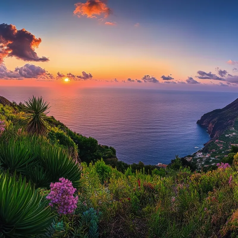 Sonnenuntergang über Stromboli, Liparische Inseln, mit üppiger Vegetation im Vordergrund.