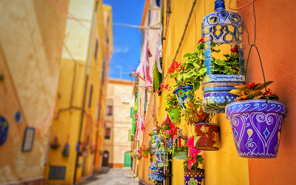 Bunte Hängepflanzen in einer schmalen, sonnigen Gasse in Alghero, Sardinien.