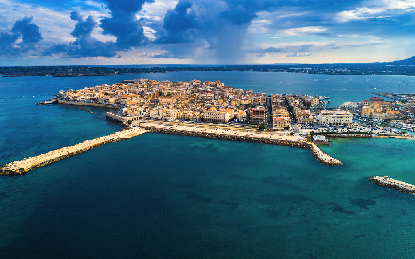 Aerial. Ortigia a small island which is the historical centre of the city of Syracuse, Sicily. Italy.